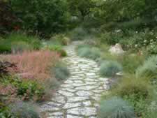 A colorful garden walkway lined with flowering plants